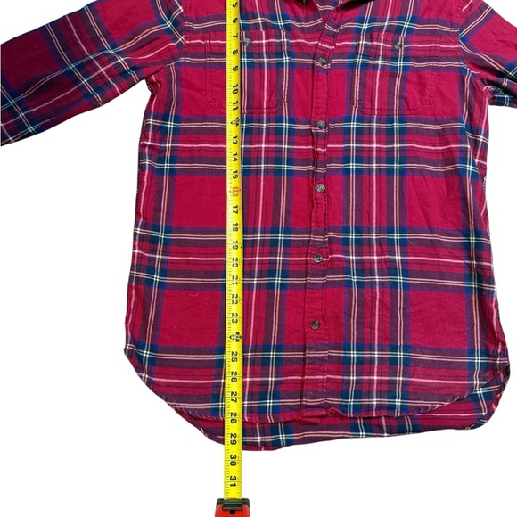 Vintage Hollister Women’s Medium Red Plaid Long Line Button-Up Collared Shirt - Picture 4 of 6
